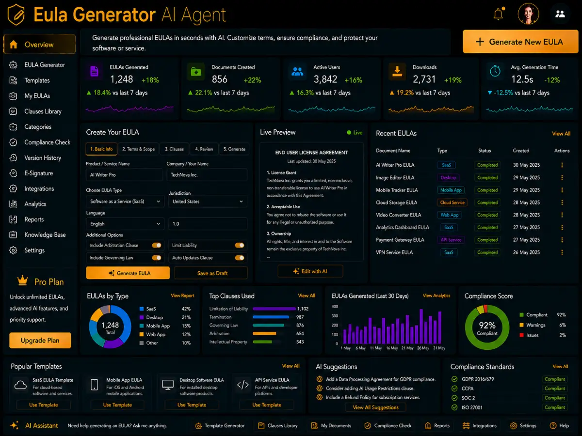 eulagenerator.app AI EULA generator — license license agreement dashboard preview